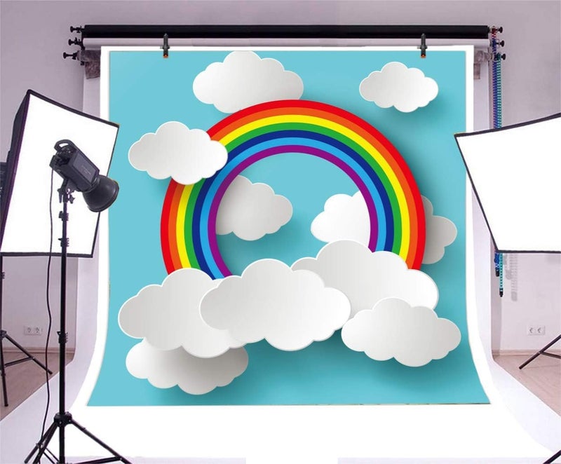AOFOTO 8x8ft Cartoon Rainbow Clouds on Blue Paper Backdrop for Photography Girl Boy Baby Shower Photo Booth Kids Children Birthday Party Decoration Wallpaper Photo Studio Props - Image 3